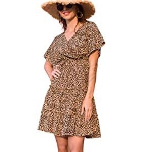 Leopard Print V-Neck Faux Wrap Dress